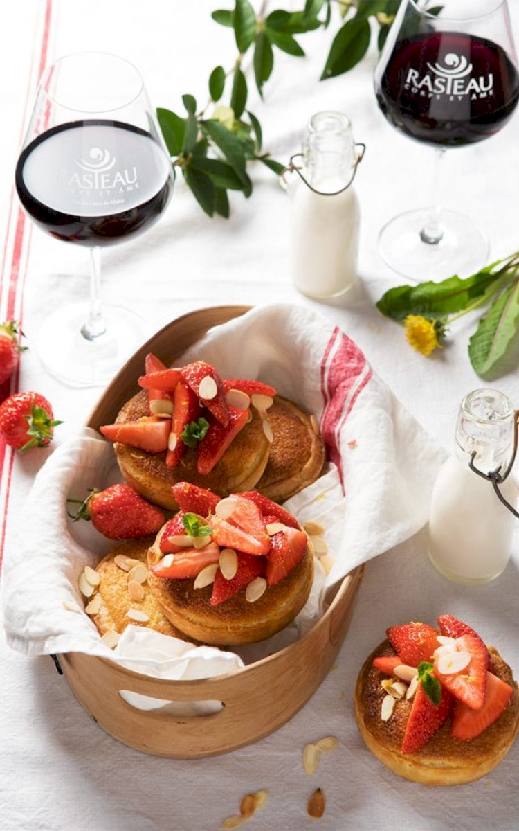 Almond tartlets topped with lemony strawberries and accompanied by a creamy orgeat milk